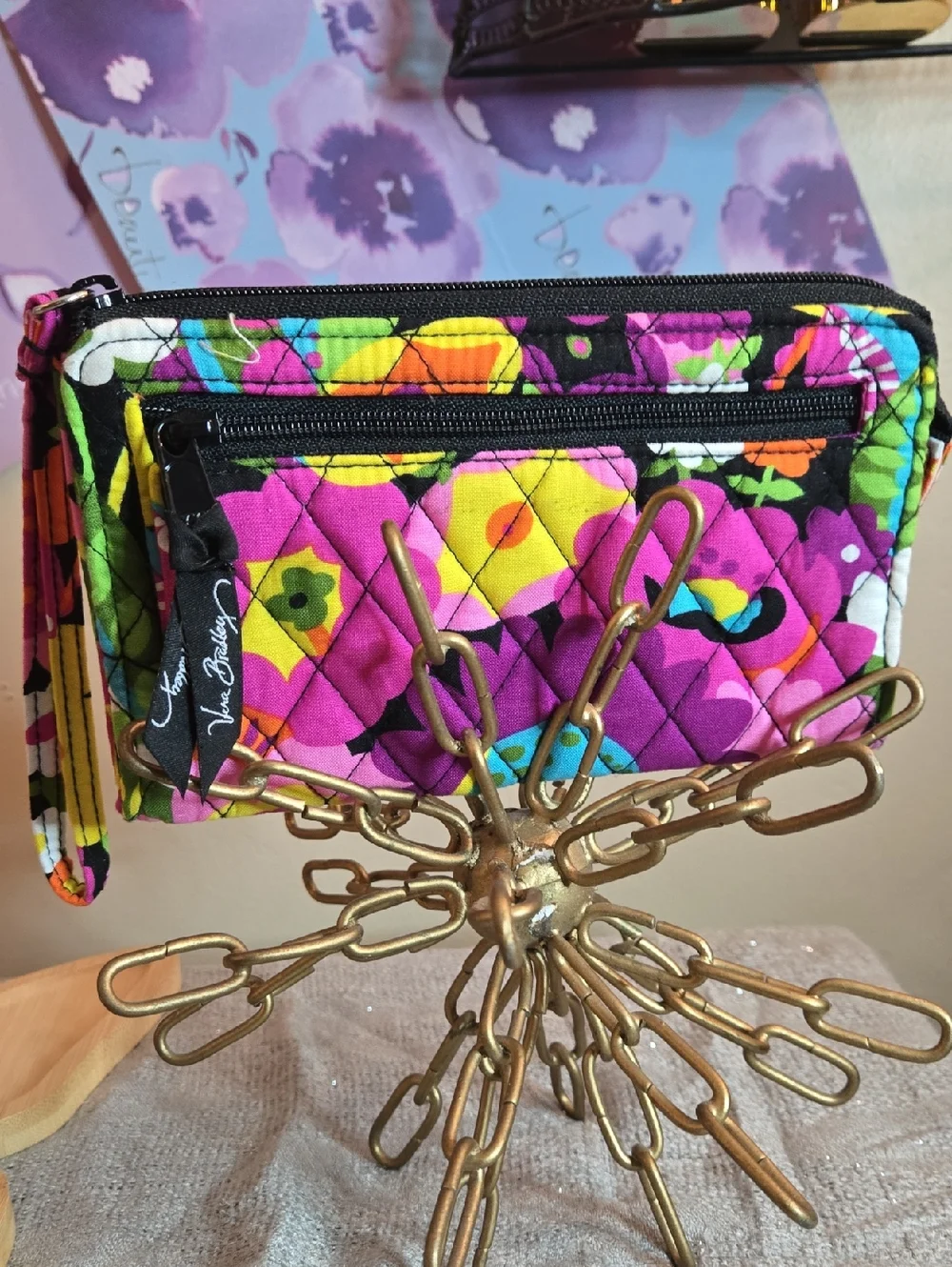 Vera Bradley Quilted Wristlet in Vibrant Pink, Yellow, Green & Blue Floral - Picture 1 of 12